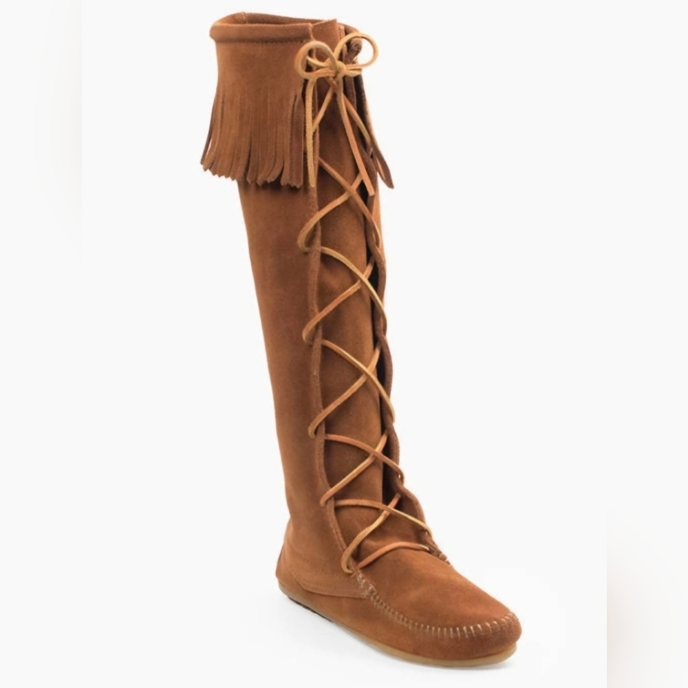 Minnetonka Front Lace Fringe Knee-High Boots - Tan